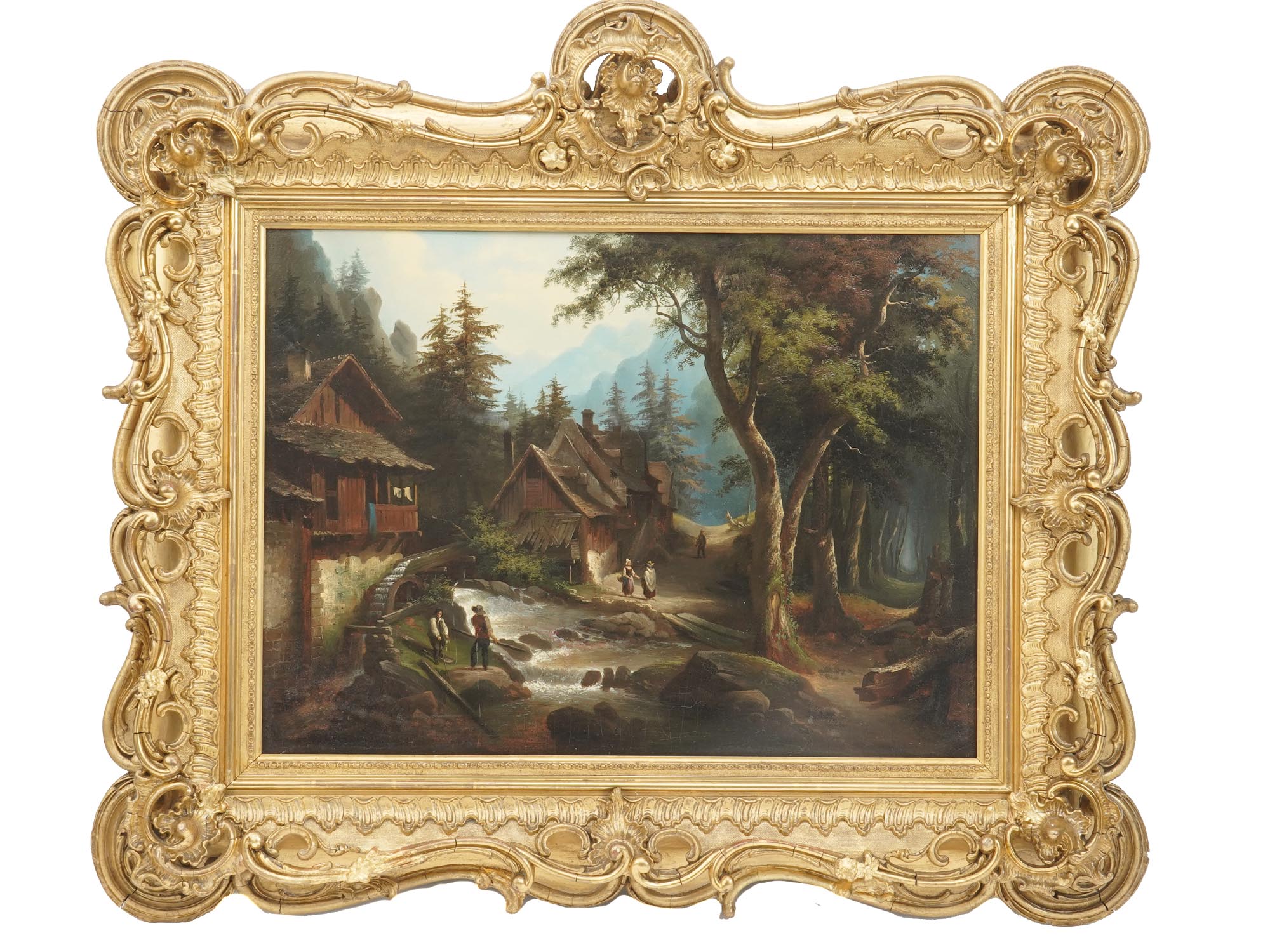 ANTIQUE 19TH CENTURY RURAL LANDSCAPE OIL PAINTING PIC-0